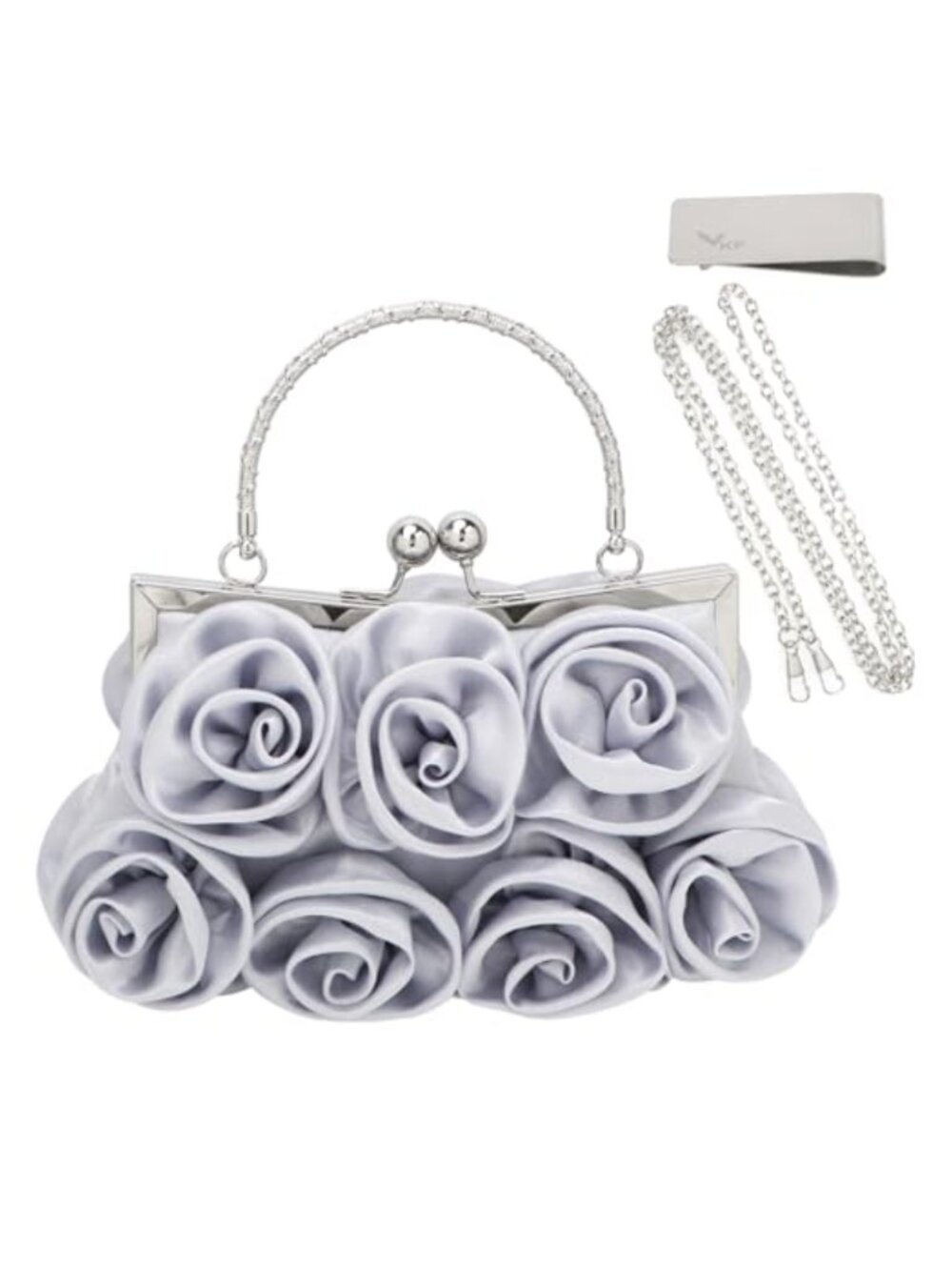 Satin Rose Evening Clutch with Detachable Strap Money Clip